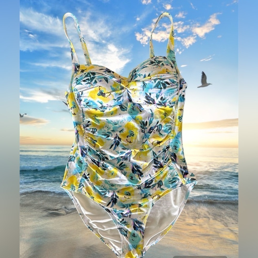 NipTuck One Piece Swimsuit Slimming Ruched Multi Fit Cup Yellow Blue Floral 8